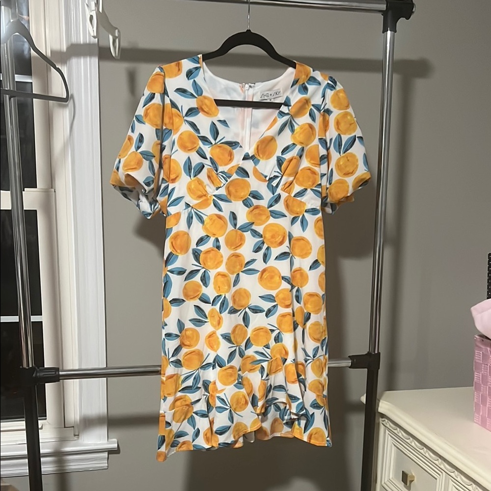 She + Sky Orange and Green Flutter Sleeve Mini Sundress
